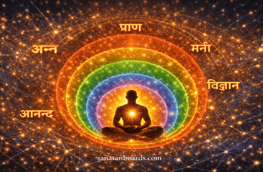 Meditating figure with five Koshas and digital network with watermark.