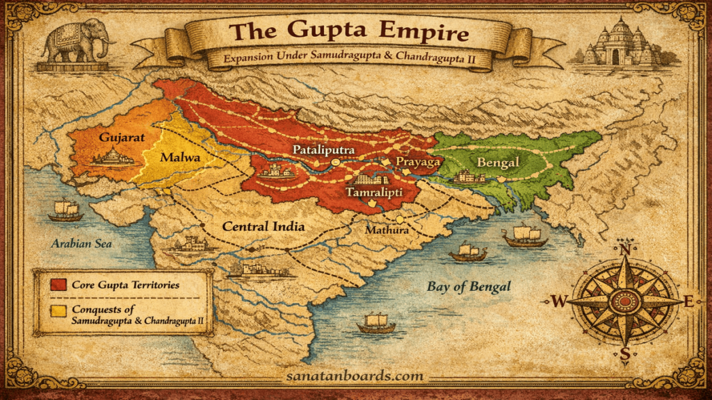 “Historical map of Gupta Empire showing expansion, key regions, and trade routes.”
