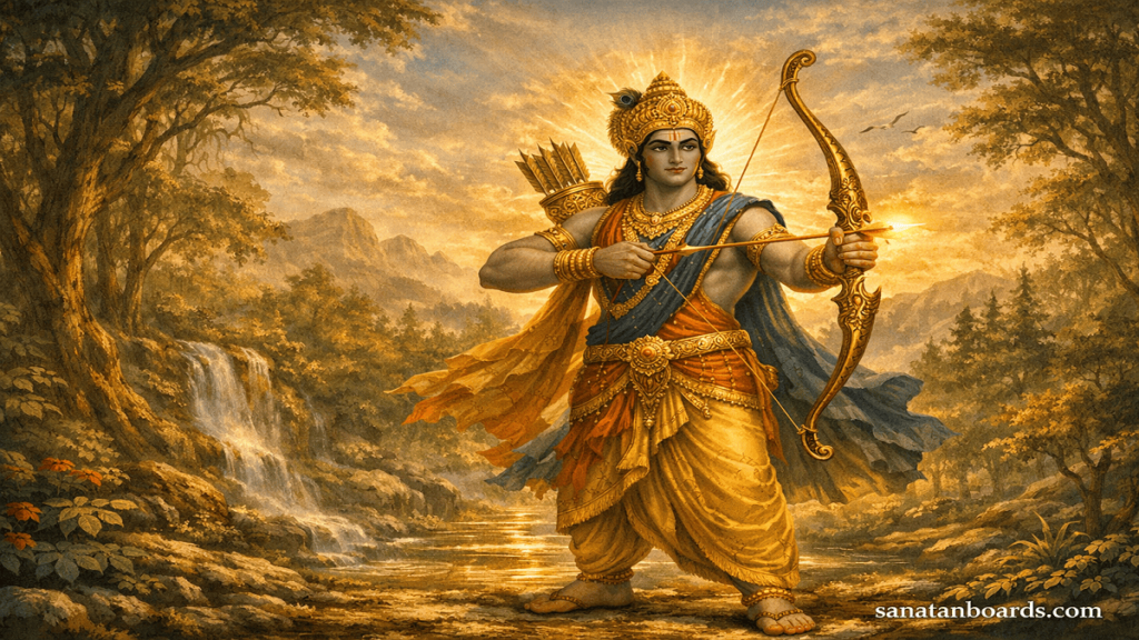 Lord Rama in royal attire, drawing a bow in a sunrise-lit forest, with divine aura.