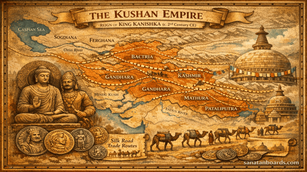 Map of Kushan Empire with Silk Road and cultural elements