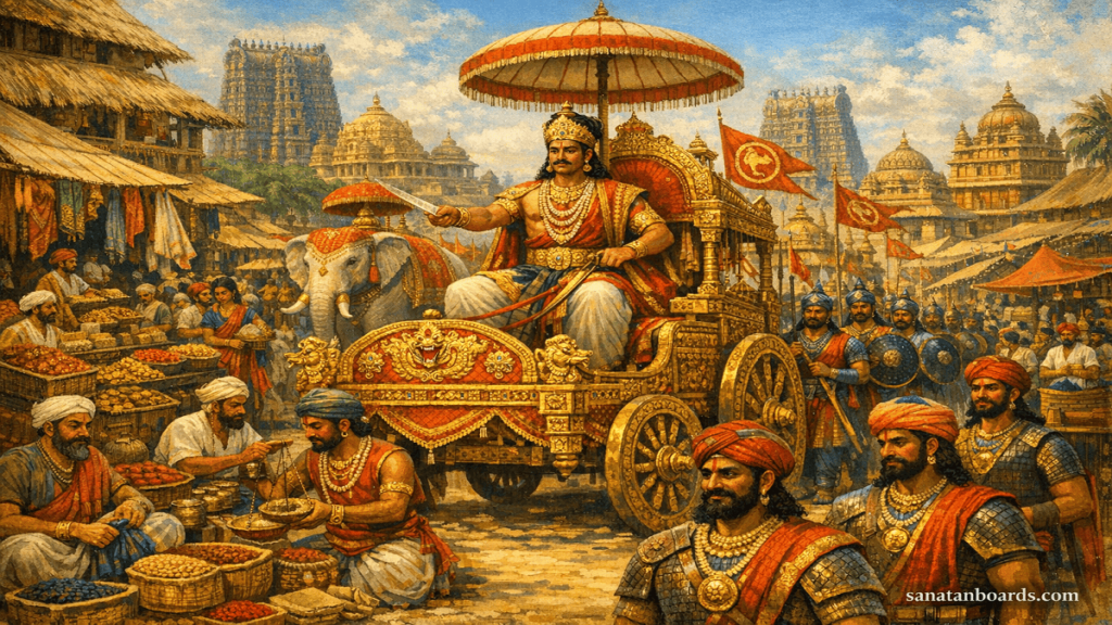 Sundara Pandyan leading a royal procession through Madurai with temples and marketplaces.
