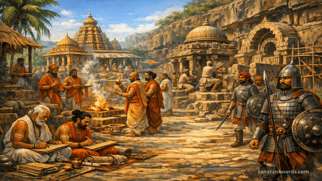 Rashtrakuta Empire life under King Amoghavarsha with scholars, artisans, and temples.