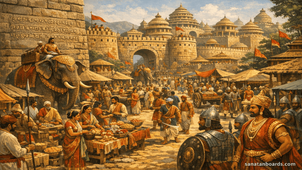 Bustling Satavahana city during King Gautamiputra Satakarni’s reign, showing traders, soldiers, and architecture.