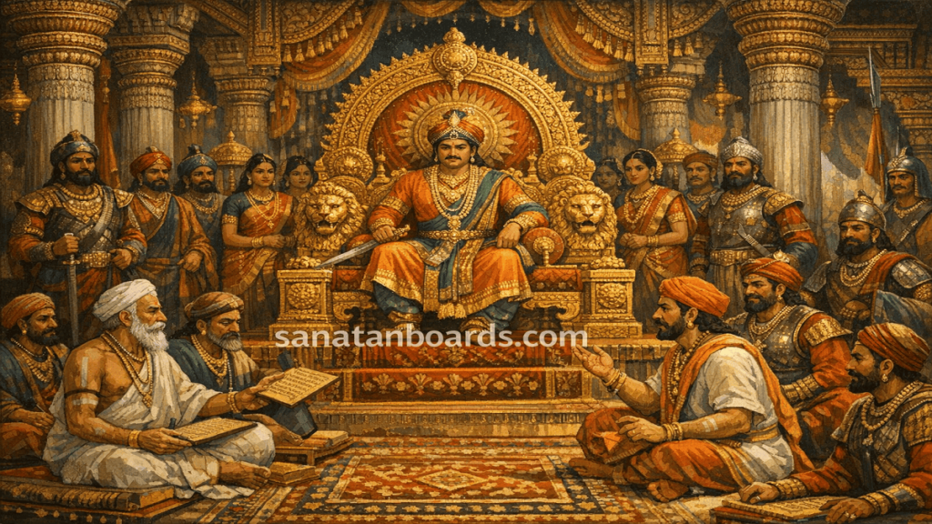 Krishnadevaraya in royal court of Vijayanagara Empire with scholars