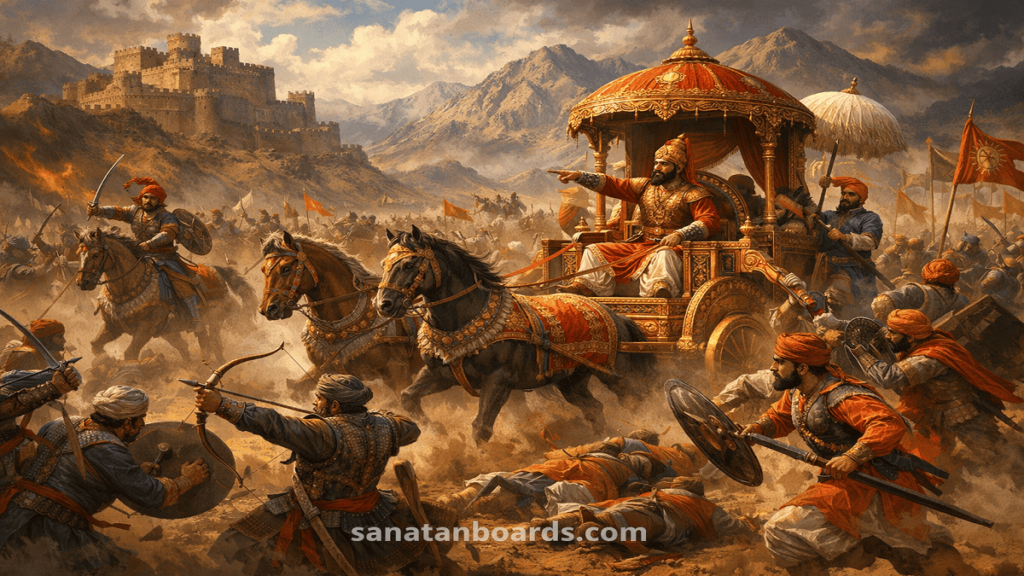 Medieval Indian battlefield with a king on a decorated chariot directing Rajput warriors on horseback and archers.