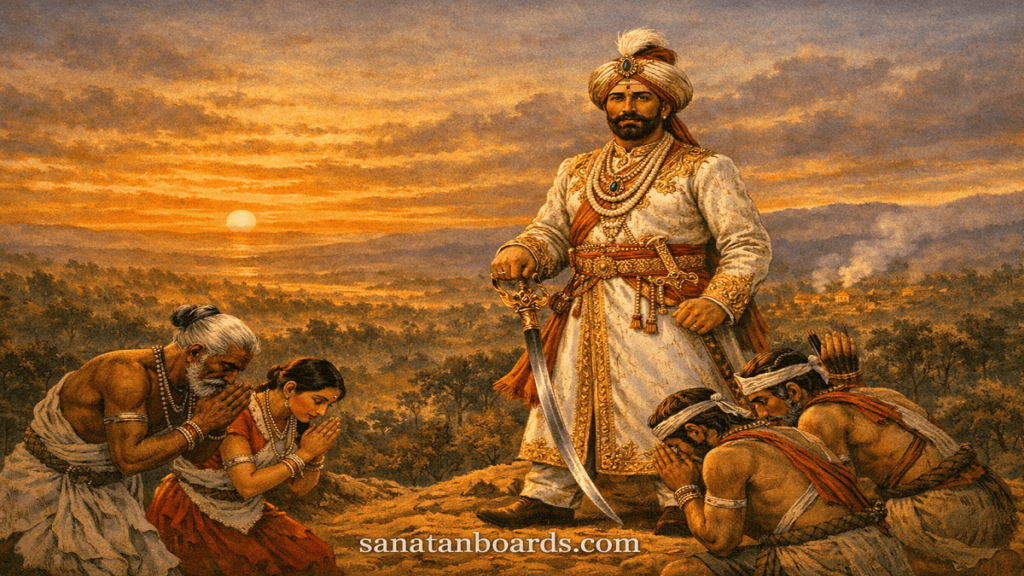 King Pravir Chandra Bhanj Deo standing on a hill, overlooking Bastar forests, with tribal people around.