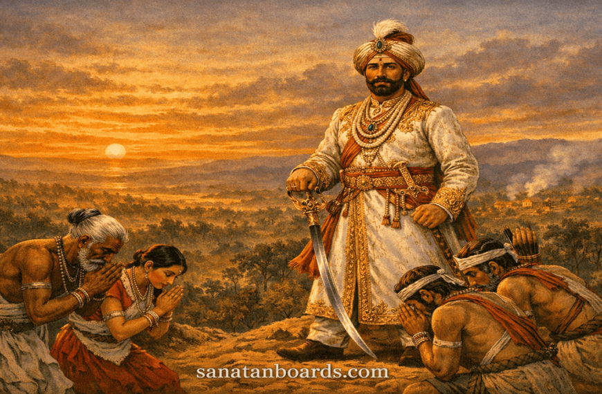 King Pravir Chandra Bhanj Deo standing on a hill, overlooking Bastar forests, with tribal people around.