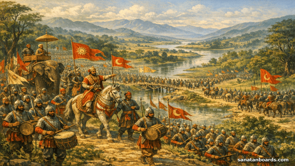 koch Kingdom army led by Maharaja Naranarayan marching through Assam landscape.