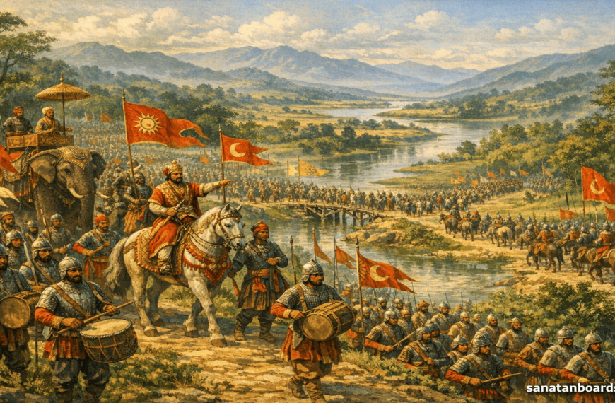 koch Kingdom army led by Maharaja Naranarayan marching through Assam landscape.