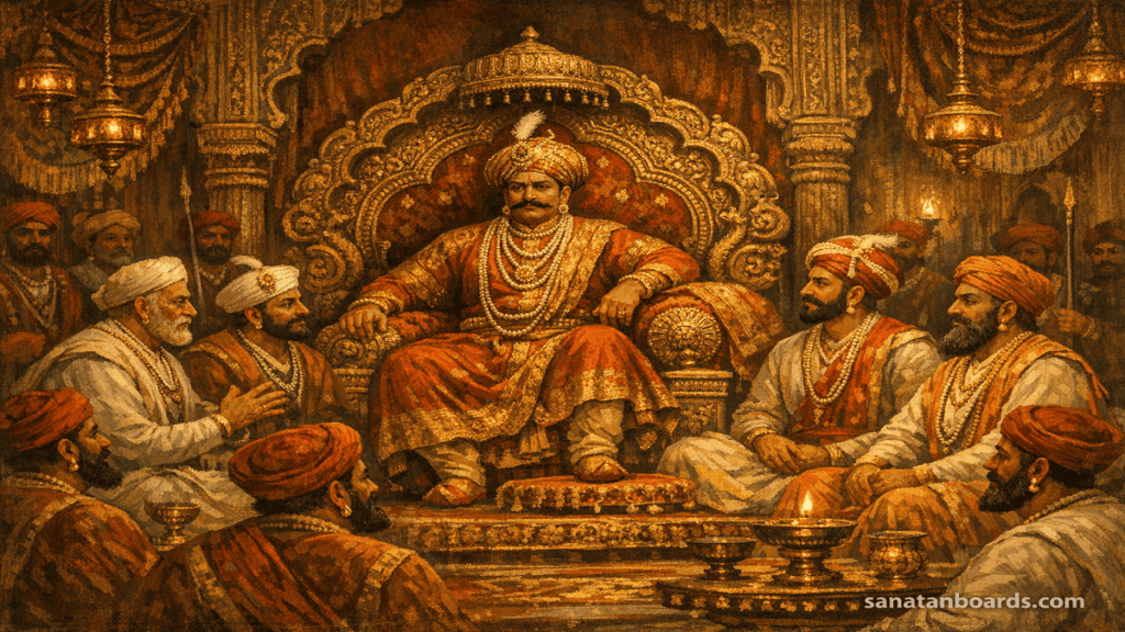 Chhatrapati Shahu in Maratha court with Peshwas, historical palace interior, watermark sanatanboards.com.