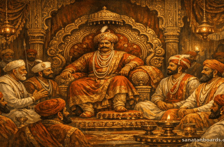 Chhatrapati Shahu in Maratha court with Peshwas, historical palace interior, watermark sanatanboards.com.