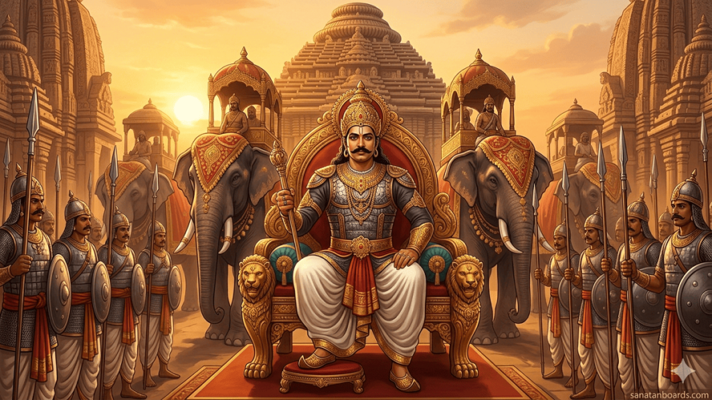 Kapilendra Deva on throne with soldiers and temple backdrop, Gajapati Kingdom Odisha.