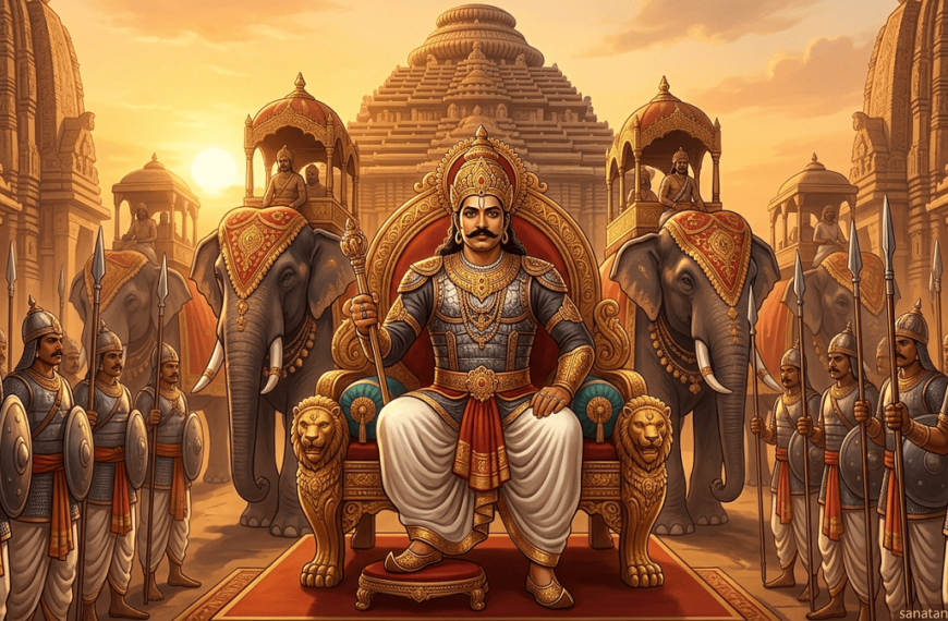 Kapilendra Deva on throne with soldiers and temple backdrop, Gajapati Kingdom Odisha.