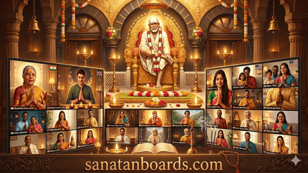 A serene digital art scene of global devotees worshiping Shirdi Sai Baba via a video conference, with a glowing central statue of Sai Baba and a "sanatanboards.com" watermark at the bottom.