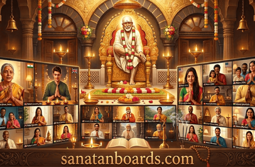 A serene digital art scene of global devotees worshiping Shirdi Sai Baba via a video conference, with a glowing central statue of Sai Baba and a "sanatanboards.com" watermark at the bottom.