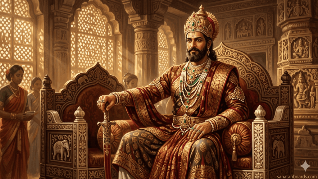 King Pravarasena I of the Vakataka Dynasty seated on a royal throne, adorned in 5th-century Indian attire and jewelry.