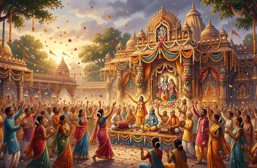 Vibrant illustration of a Krishna temple festival with devotees performing kirtan, dancing, and singing amidst floating petals and golden sunlight.