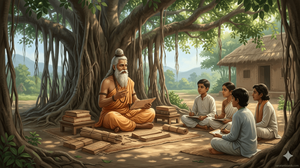 Kashyap Muni teaching students under a banyan tree with Vedic scrolls, serene spiritual setting
