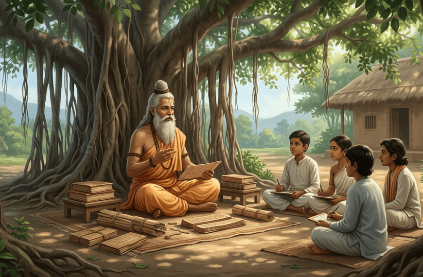 Kashyap Muni teaching students under a banyan tree with Vedic scrolls, serene spiritual setting