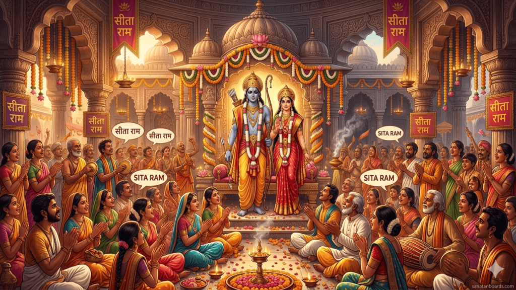 High-resolution digital art of Sita and Ram in a serene temple surrounded by devotees chanting "Sita Ram," featuring traditional architecture and warm lighting.