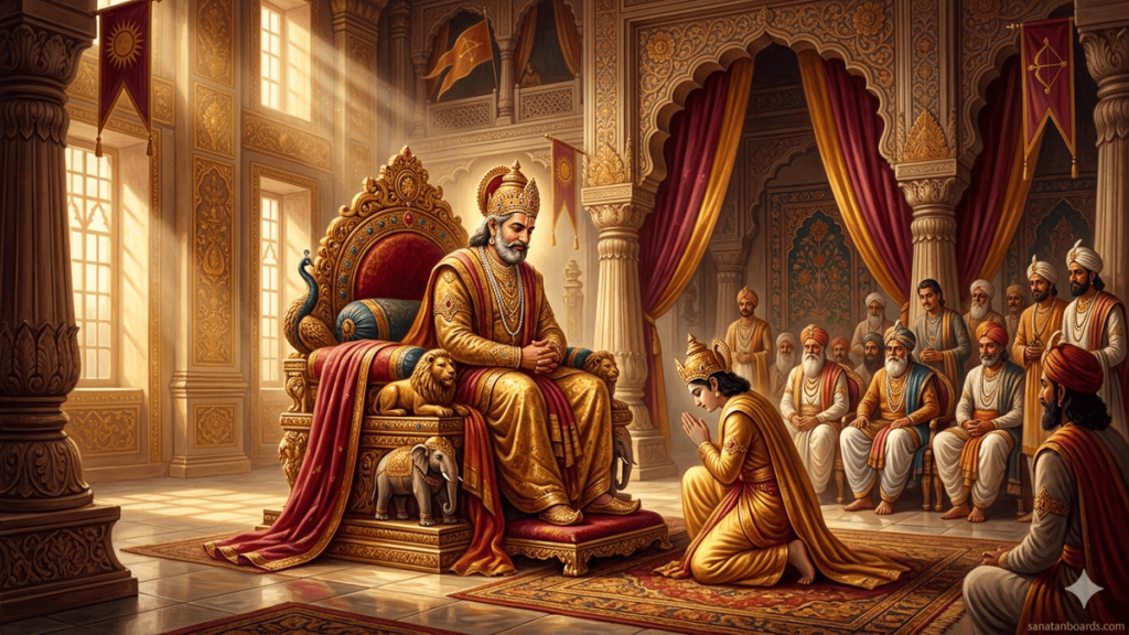 King Dasharatha on throne blessing young Lord Rama in royal palace.