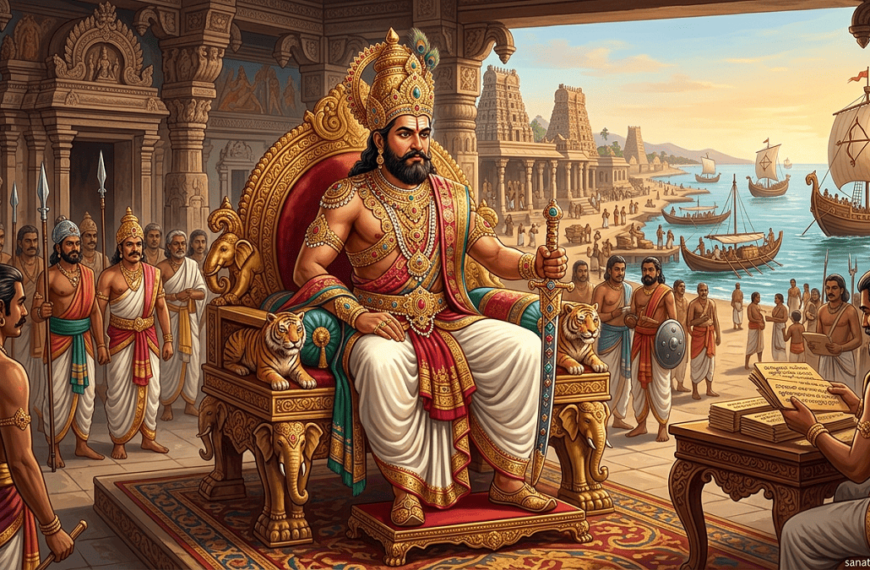 King Senguttuvan seated on a throne with royal attire and temple in the background, with watermark sanatanboards.com.