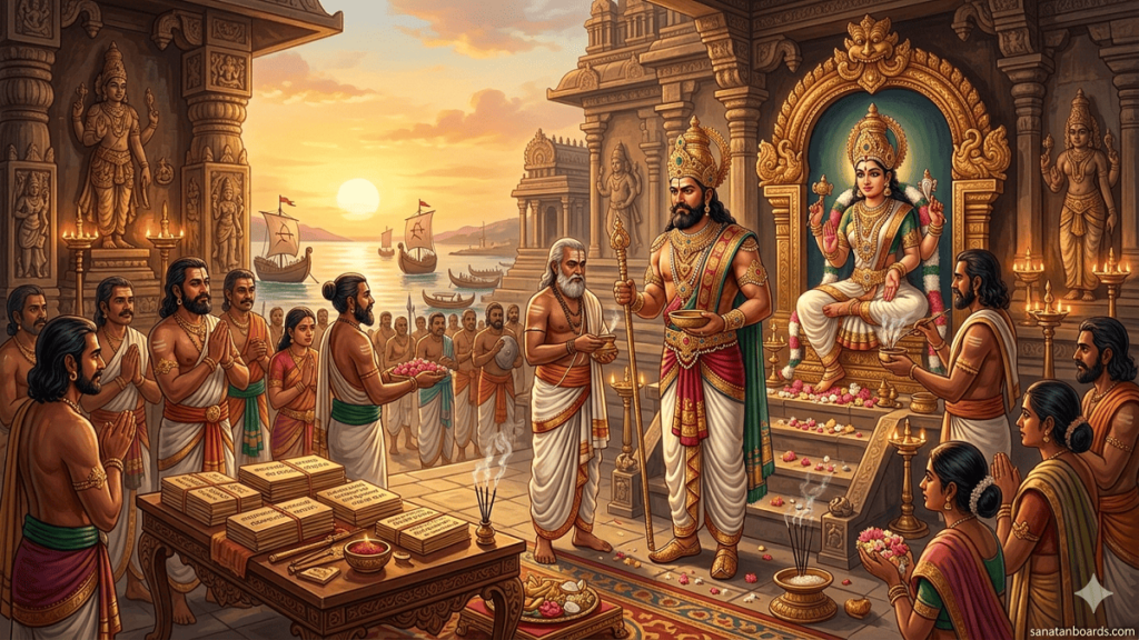 King Senguttuvan performing a Kannagi worship ritual in a temple, with watermark sanatanboards.com.