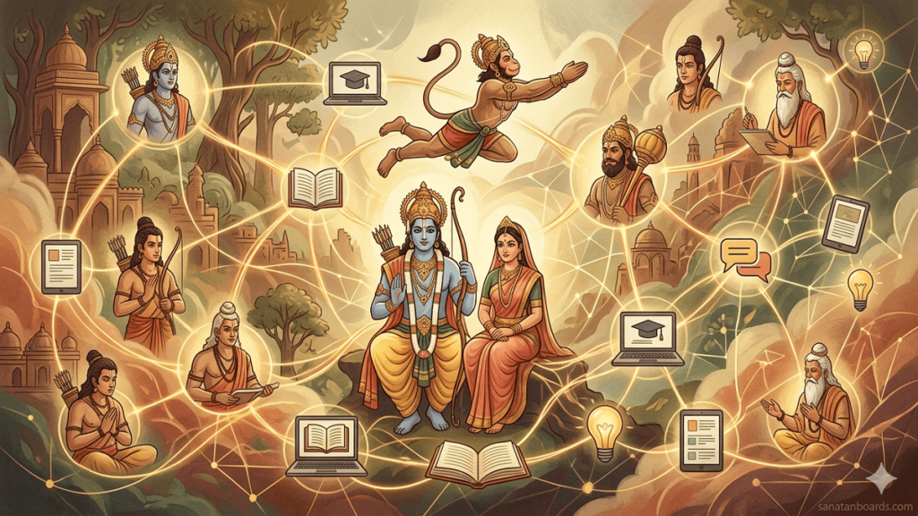 Digital illustration of a Ramayana Dharma Network with Lord Rama, Sita, and Hanuman connected by glowing threads, symbolizing knowledge and dharma