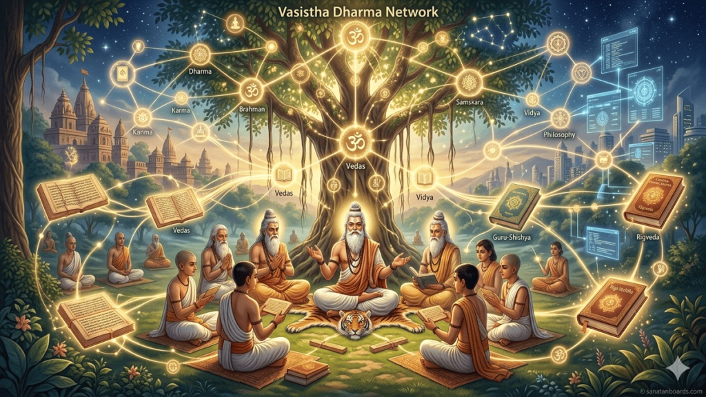 Illustration of a knowledge network combining ancient wisdom and modern digital connections.