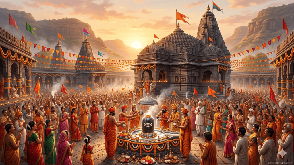 A vibrant digital painting of the Trimbakeshwar Shiva Temple during Maha Shivaratri, showing priests performing Rudrabhishek on a Shiva Linga surrounded by a large, joyful crowd under a golden sunrise.