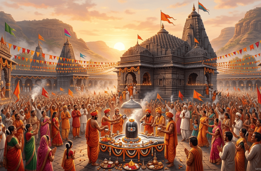 A vibrant digital painting of the Trimbakeshwar Shiva Temple during Maha Shivaratri, showing priests performing Rudrabhishek on a Shiva Linga surrounded by a large, joyful crowd under a golden sunrise.