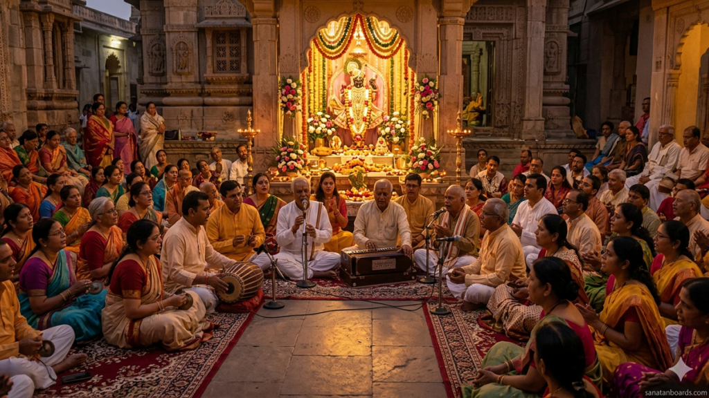 Devotees in Dwarka singing bhajans before a glowing, flower-adorned Lord Krishna idol in a peaceful temple setting.