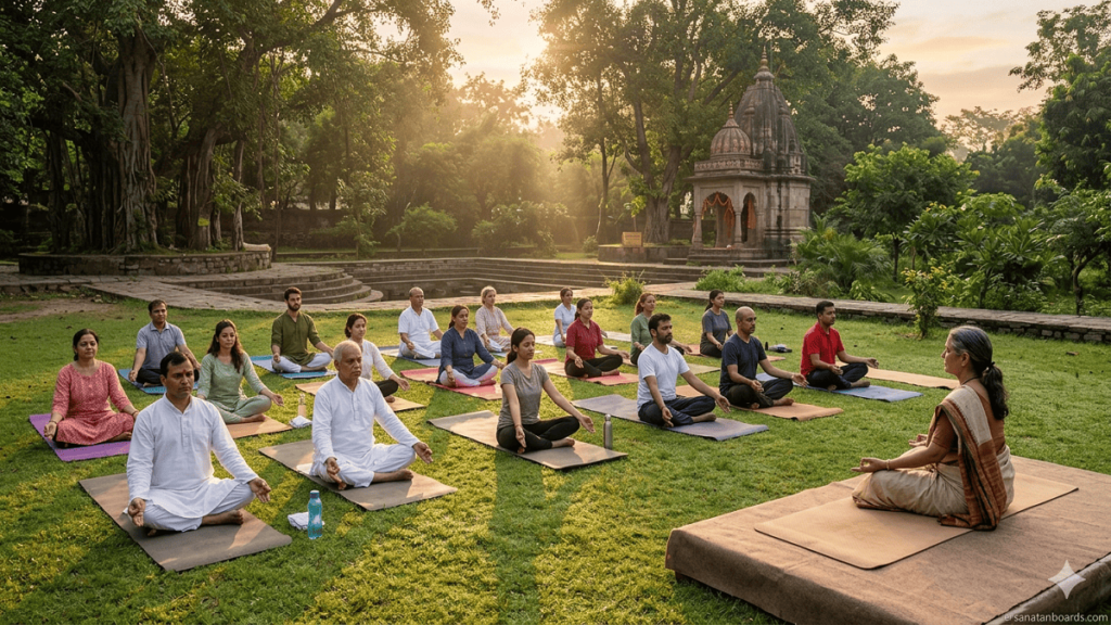 Group yoga session in a park promoting Patanjali Yoga Network practices.