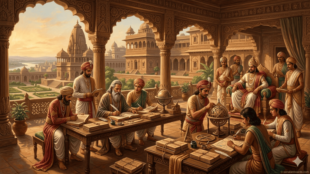 Gupta Empire scholars studying under royal patronage, manuscripts and astrolabes, watermark sanatanboards.com