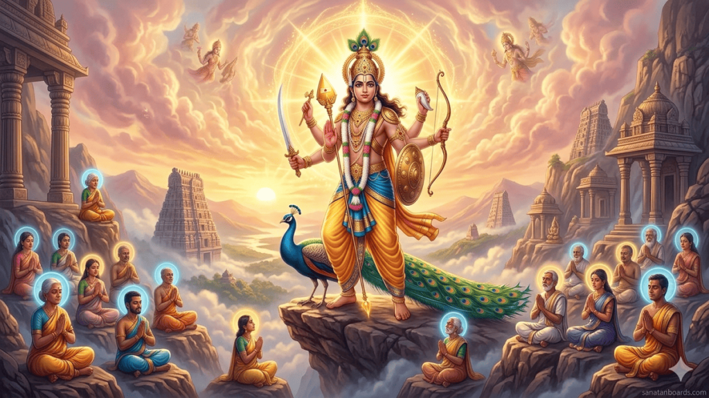 Celestial illustration of Lord Murugan (Kartikeya) standing on a mountain peak with his peacock, overlooking meditating devotees and misty temple gopurams at sunrise.