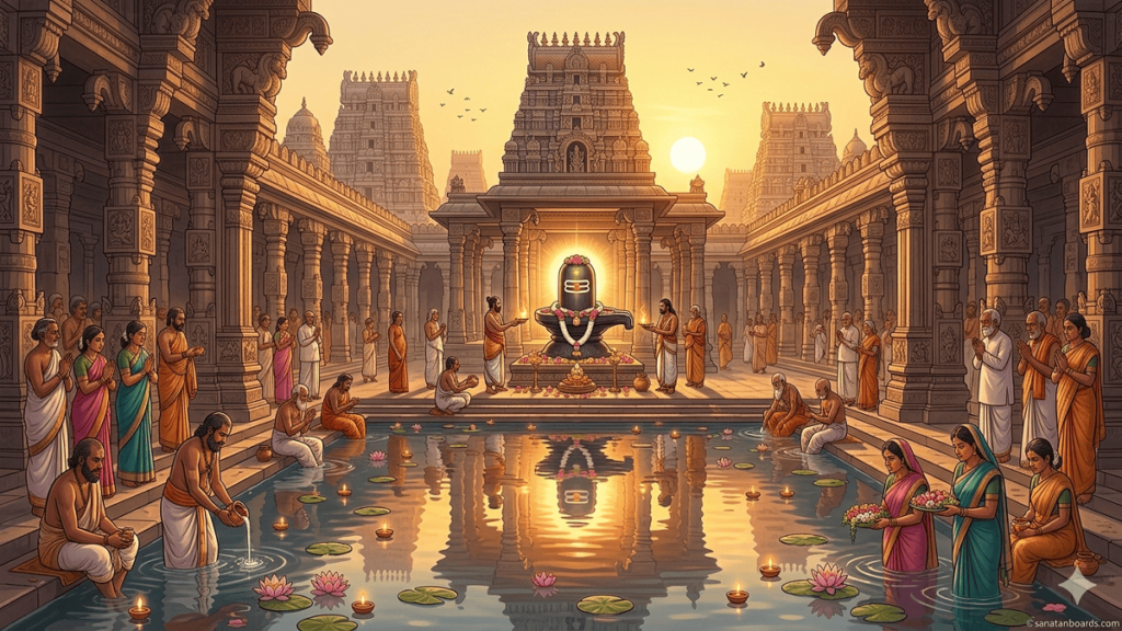 A detailed illustration of a vibrant South Indian temple courtyard at sunrise, centered on a massive Shiva Lingam with priests performing a ritual and a large congregation in prayer around a sacred pond filled with lotus flowers and diyas.