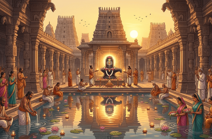 A detailed illustration of a vibrant South Indian temple courtyard at sunrise, centered on a massive Shiva Lingam with priests performing a ritual and a large congregation in prayer around a sacred pond filled with lotus flowers and diyas.