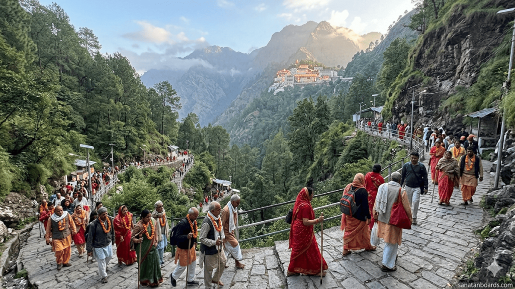 A realistic depiction of Hindu devotees in traditional attire climbing a stone mountain path toward the glowing Vaishno Devi temple in the Trikuta Mountains at sunrise.