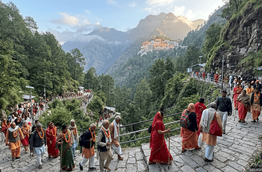A realistic depiction of Hindu devotees in traditional attire climbing a stone mountain path toward the glowing Vaishno Devi temple in the Trikuta Mountains at sunrise.