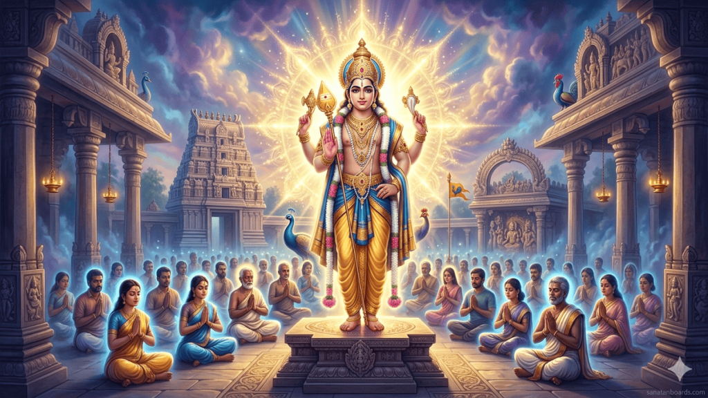 Divine digital illustration of Lord Skanda (Kartikeya) holding a golden spear (Vel), surrounded by a radiant spiritual aura and meditating devotees in a temple setting.