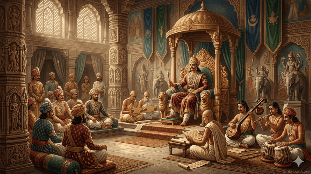 “Gupta Empire royal court under Chandragupta II with scholars, musicians, and ministers.”