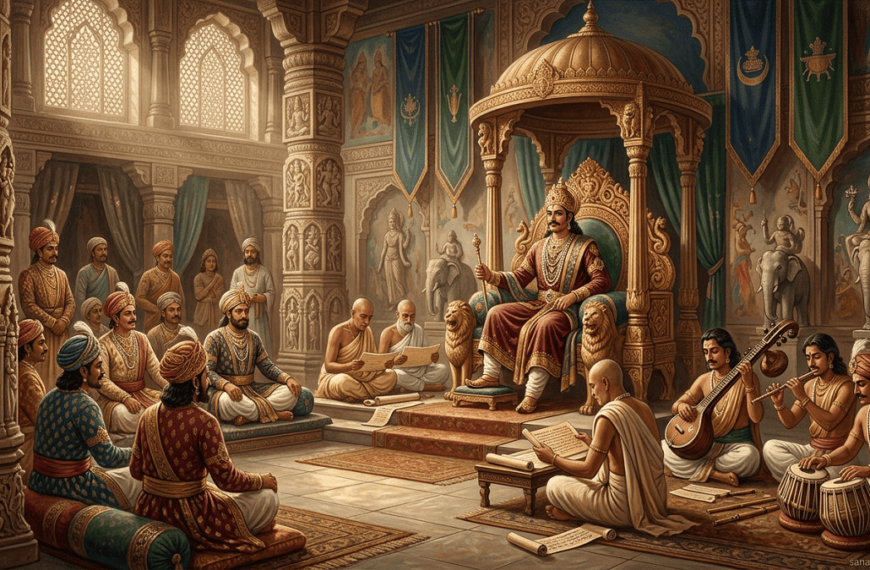 “Gupta Empire royal court under Chandragupta II with scholars, musicians, and ministers.”