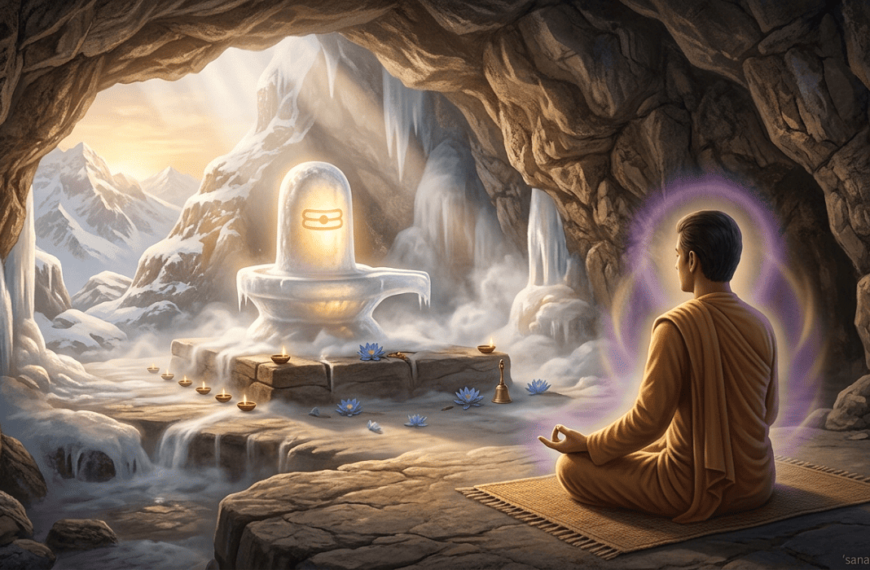 A digital painting of a meditator in ochre robes facing a glowing ice Shiva Lingam inside the Amarnath cave during a Himalayan sunrise.