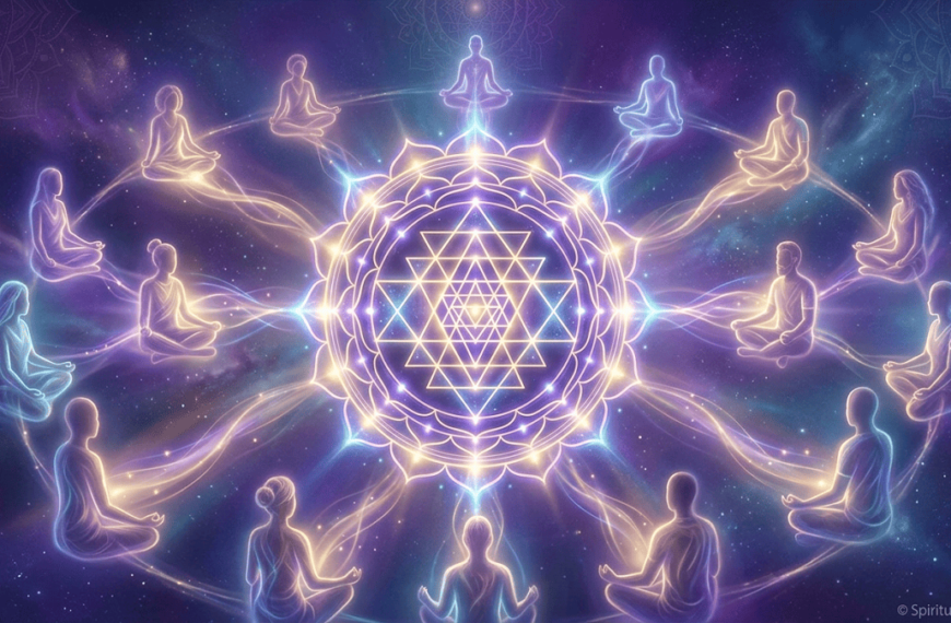 "Glowing Sri Yantra at the center surrounded by meditating figures connected by energy waves, symbolizing a spiritual network."
