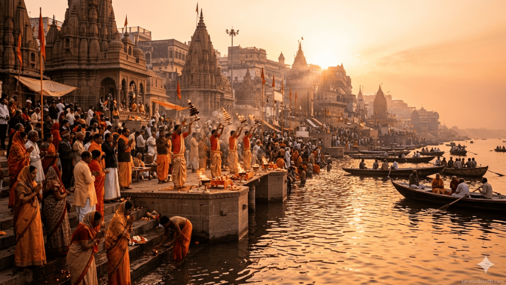 Pilgrims performing rituals at Varanasi ghats during sunrise.