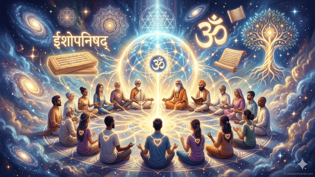 Spiritual digital artwork of Isha Upanishad Network showing learners, educators, and practitioners connected by radiant light with meditation and Sanskrit texts in the background.