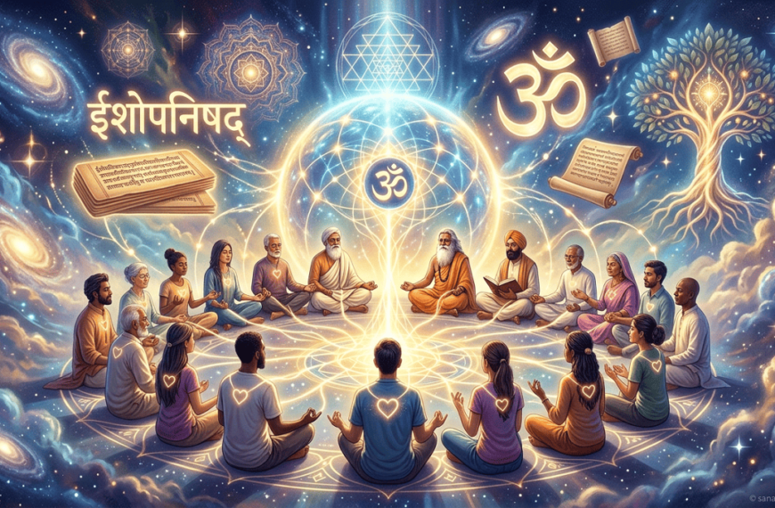 Spiritual digital artwork of Isha Upanishad Network showing learners, educators, and practitioners connected by radiant light with meditation and Sanskrit texts in the background.