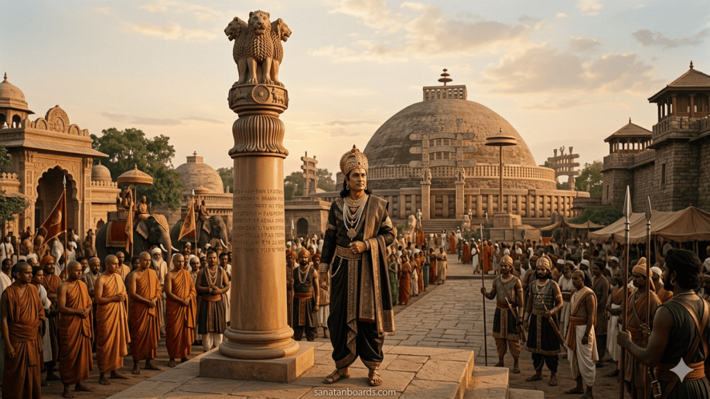 Emperor Ashoka near pillar with ancient Mauryan architecture