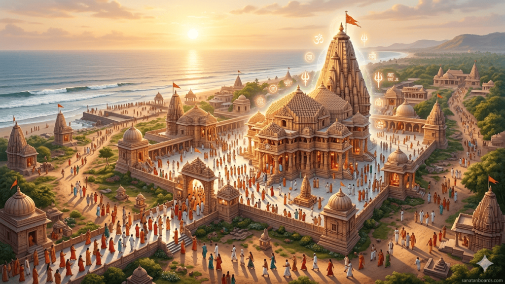 A wide, majestic view of the Somnath Jyotirlinga temple in Gujarat at sunrise, featuring intricate Chalukya-style architecture, a glowing spiritual aura with sacred symbols, and a network of pathways filled with pilgrims.