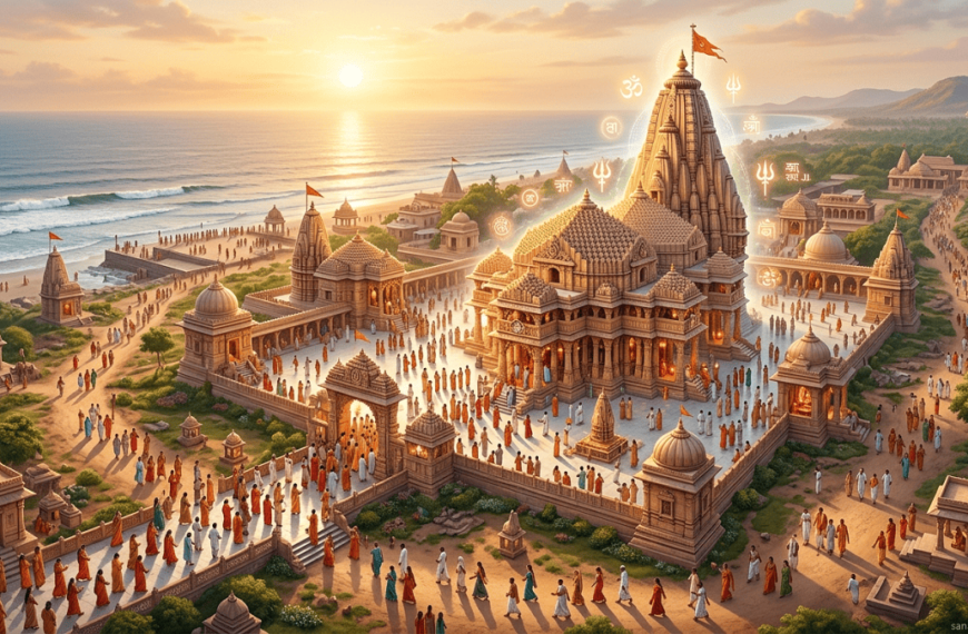 A wide, majestic view of the Somnath Jyotirlinga temple in Gujarat at sunrise, featuring intricate Chalukya-style architecture, a glowing spiritual aura with sacred symbols, and a network of pathways filled with pilgrims.